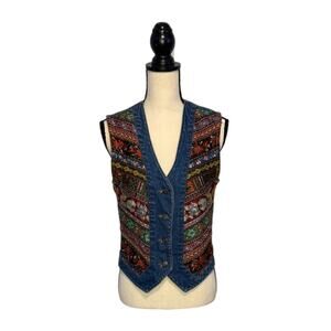 Vintage Pierre Cardin Denim Vest Women's Size Medium Blue Tapestry Bohemian 90s